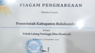 Pemkab Bulukumba Raih Penghargaan Pokok Lelang Tertinggi (Non Eksekusi) dari Kementerian Keuangan